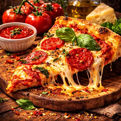 Gourmet Pepperoni Pizza Slice With Melting Cheese