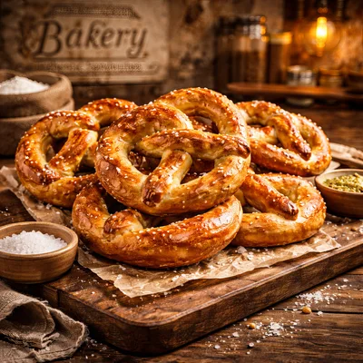 Freshly Baked Soft Pretzels on a Wooden Board