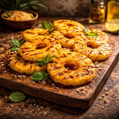 Grilled Pineapple Slices Garnished With Fresh Mint Leaves