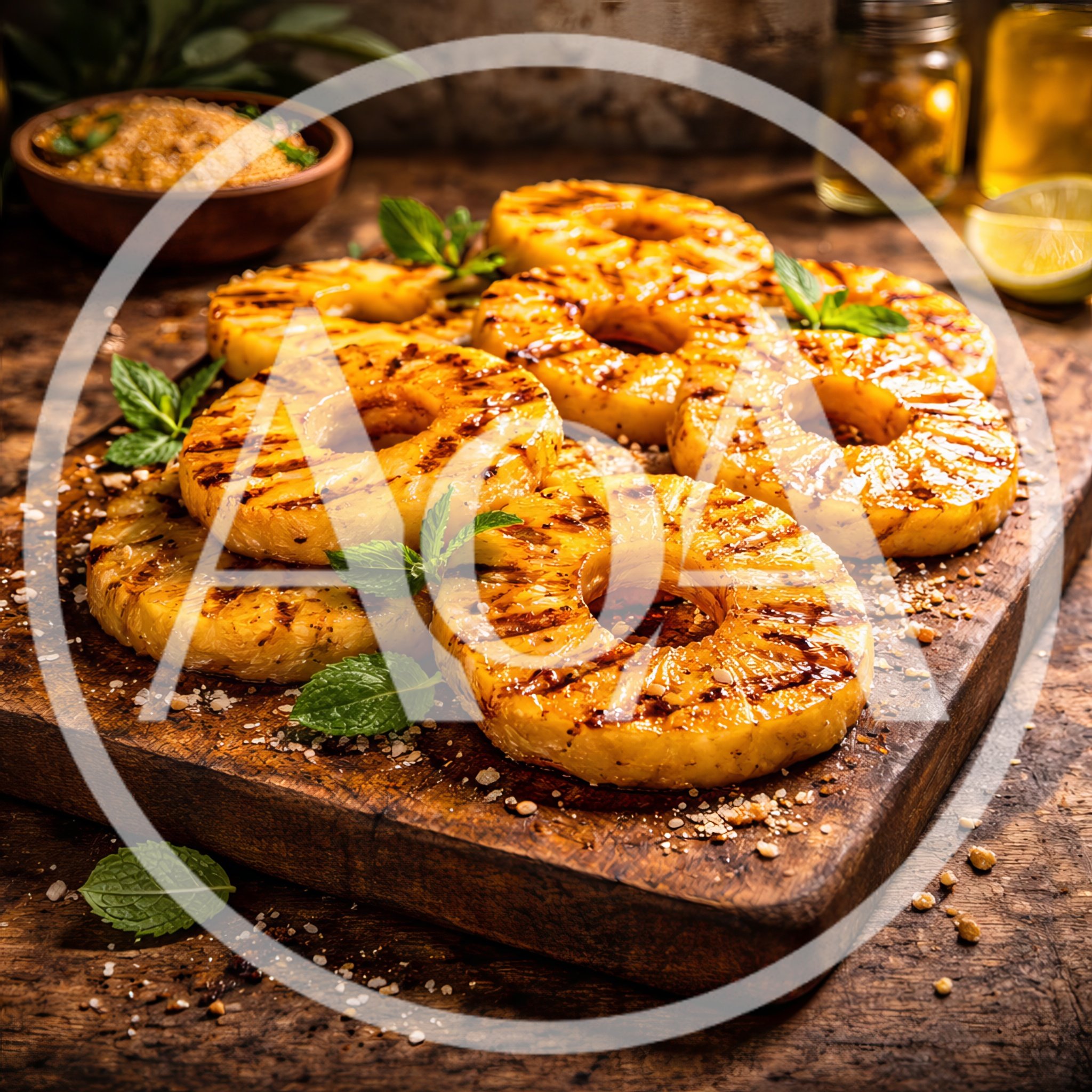 Grilled Pineapple Slices Garnished With Fresh Mint Leaves