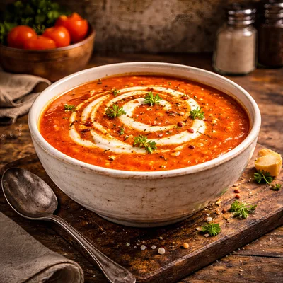 Creamy Tomato Soup In A Rustic Ceramic Bowl