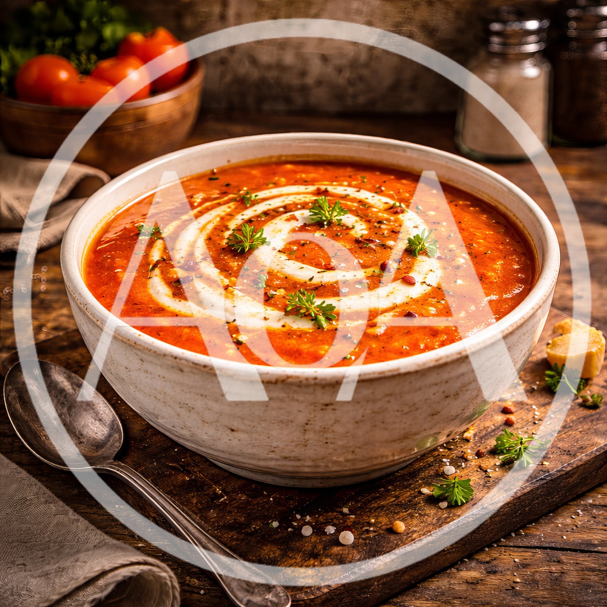 Creamy Tomato Soup In A Rustic Ceramic Bowl