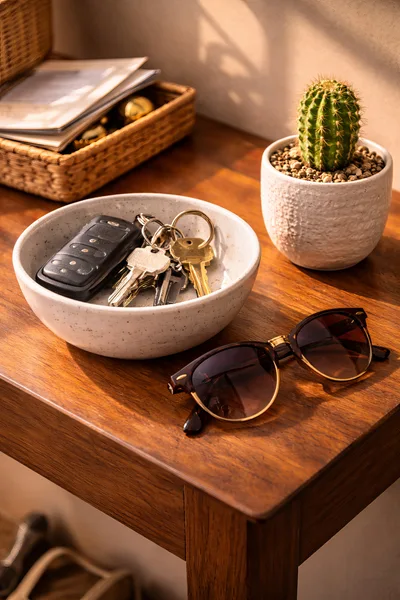 Keys and Sunglasses on a Wooden Entryway Table