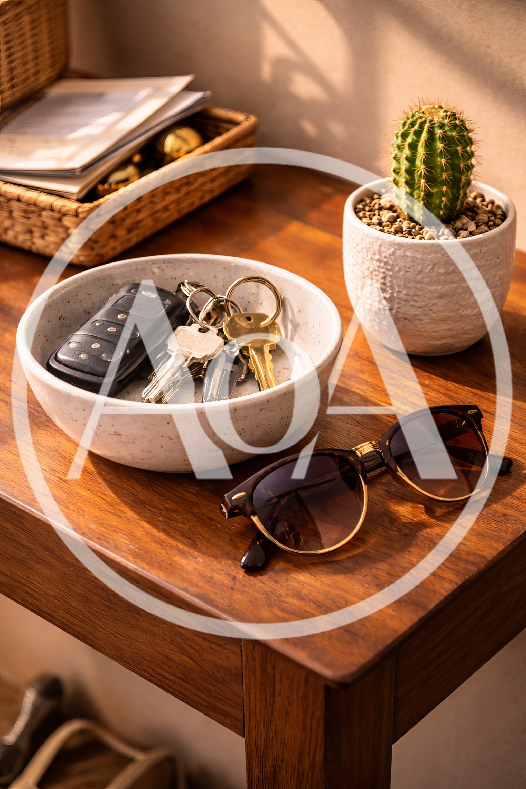 Keys and Sunglasses on a Wooden Entryway Table