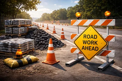 Road Work Ahead Sign With Construction Materials