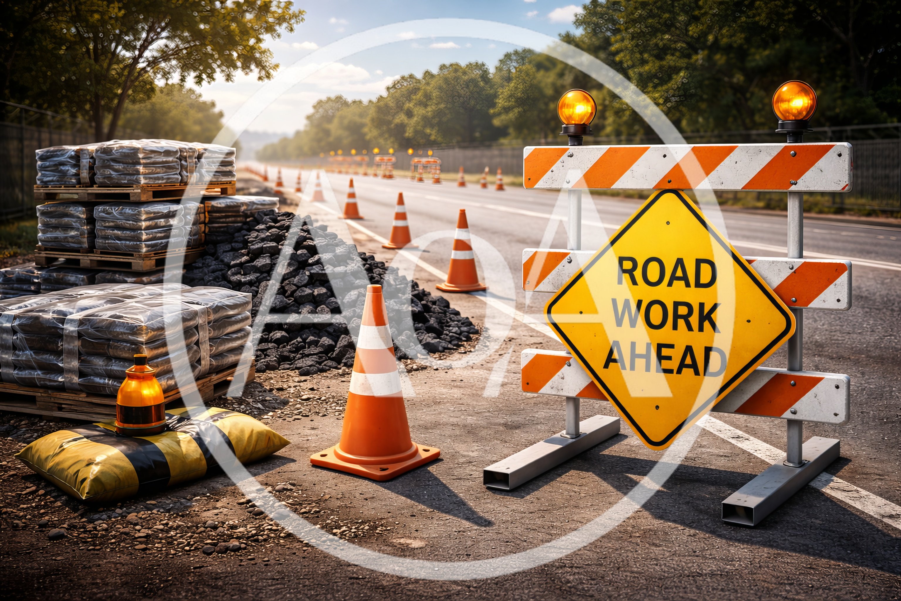 Road Work Ahead Sign With Construction Materials