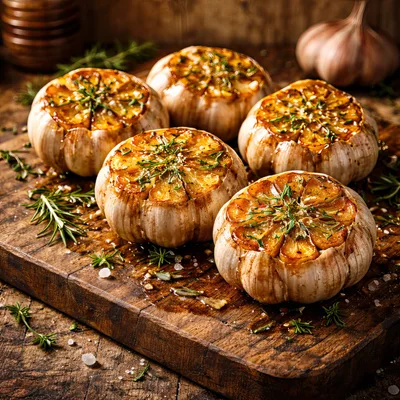 Roasted Garlic Bulbs With Fresh Rosemary On Wooden Board