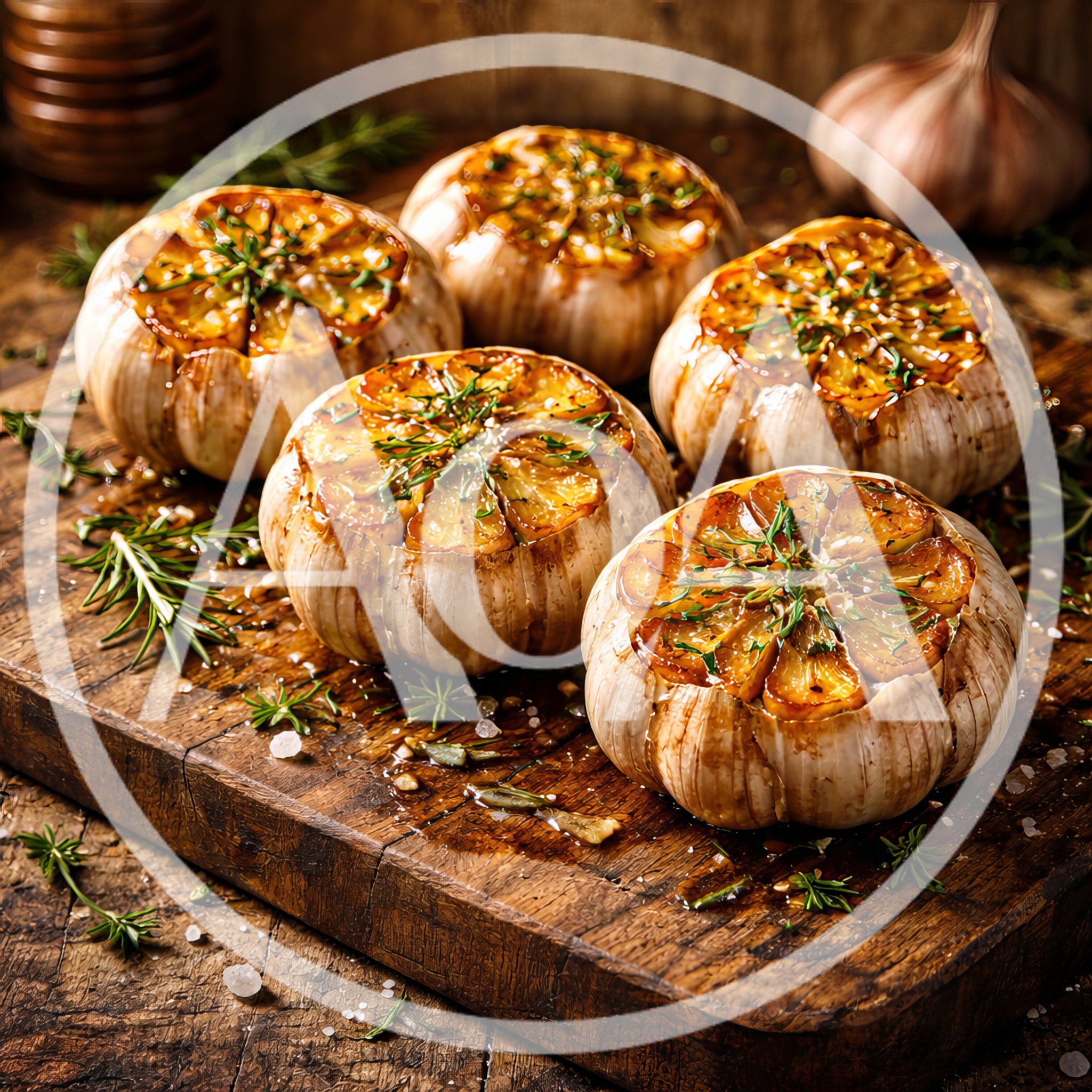 Roasted Garlic Bulbs With Fresh Rosemary On Wooden Board