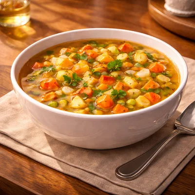 Bowl Of Hearty Vegetable Soup On Wooden Table