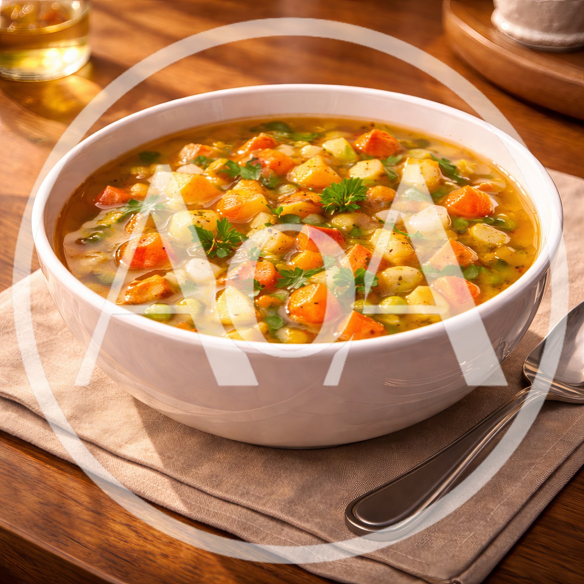 Bowl Of Hearty Vegetable Soup On Wooden Table