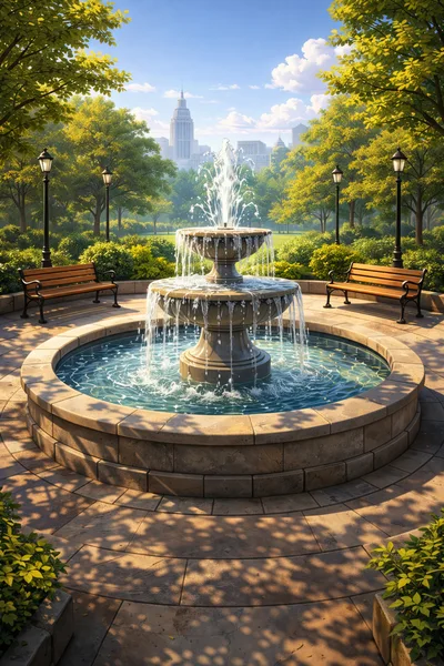 Stone Fountain In A Sunny City Park