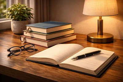 Open Notebook With Fountain Pen On Wooden Desk