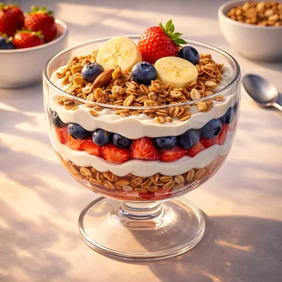 Glass Bowl Of Yogurt Parfait With Granola And Berries
