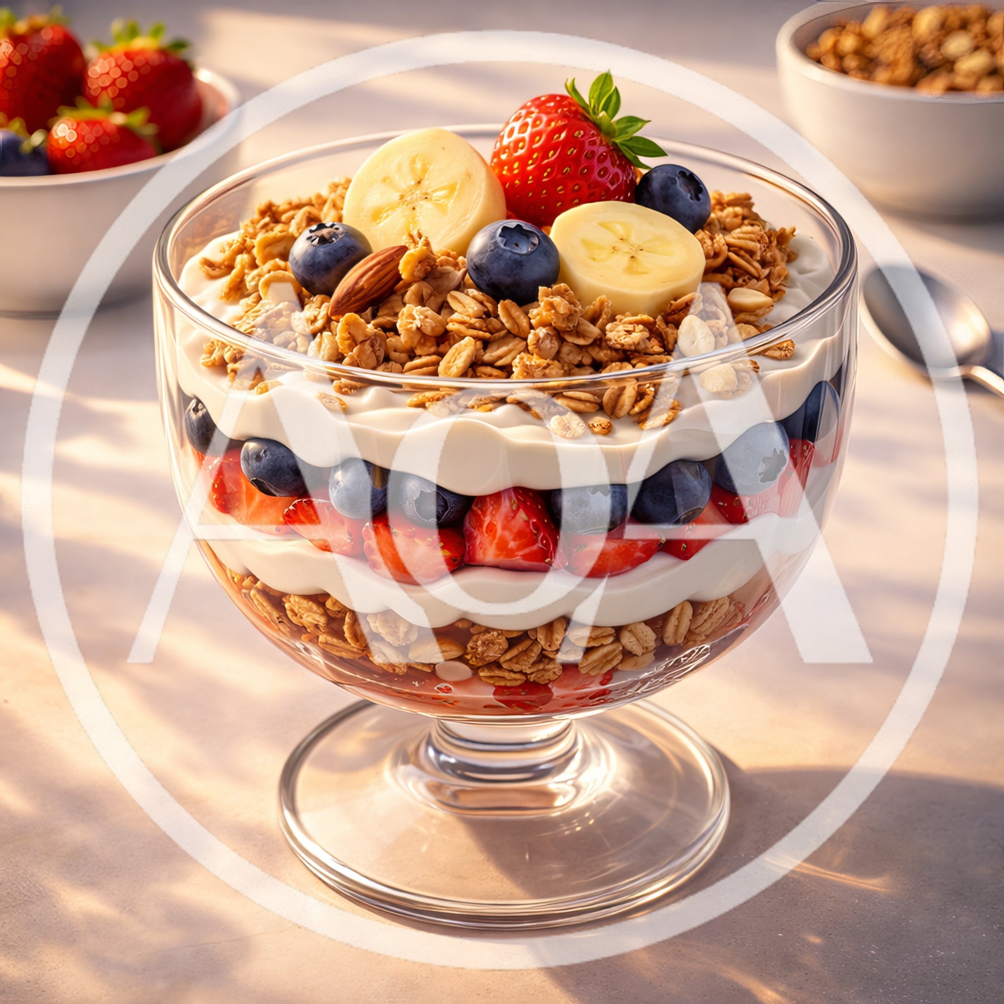 Glass Bowl Of Yogurt Parfait With Granola And Berries