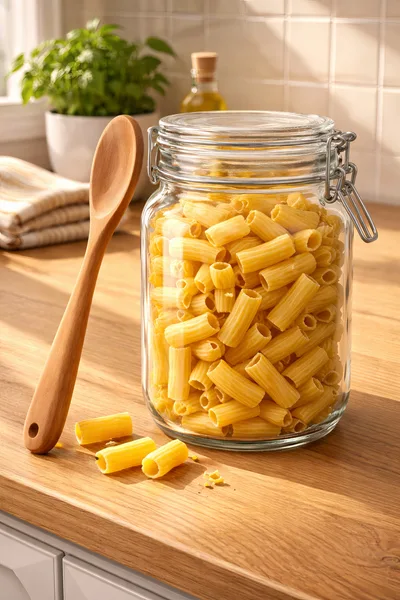 Glass Jar Filled With Rigatoni Pasta On Kitchen Counter