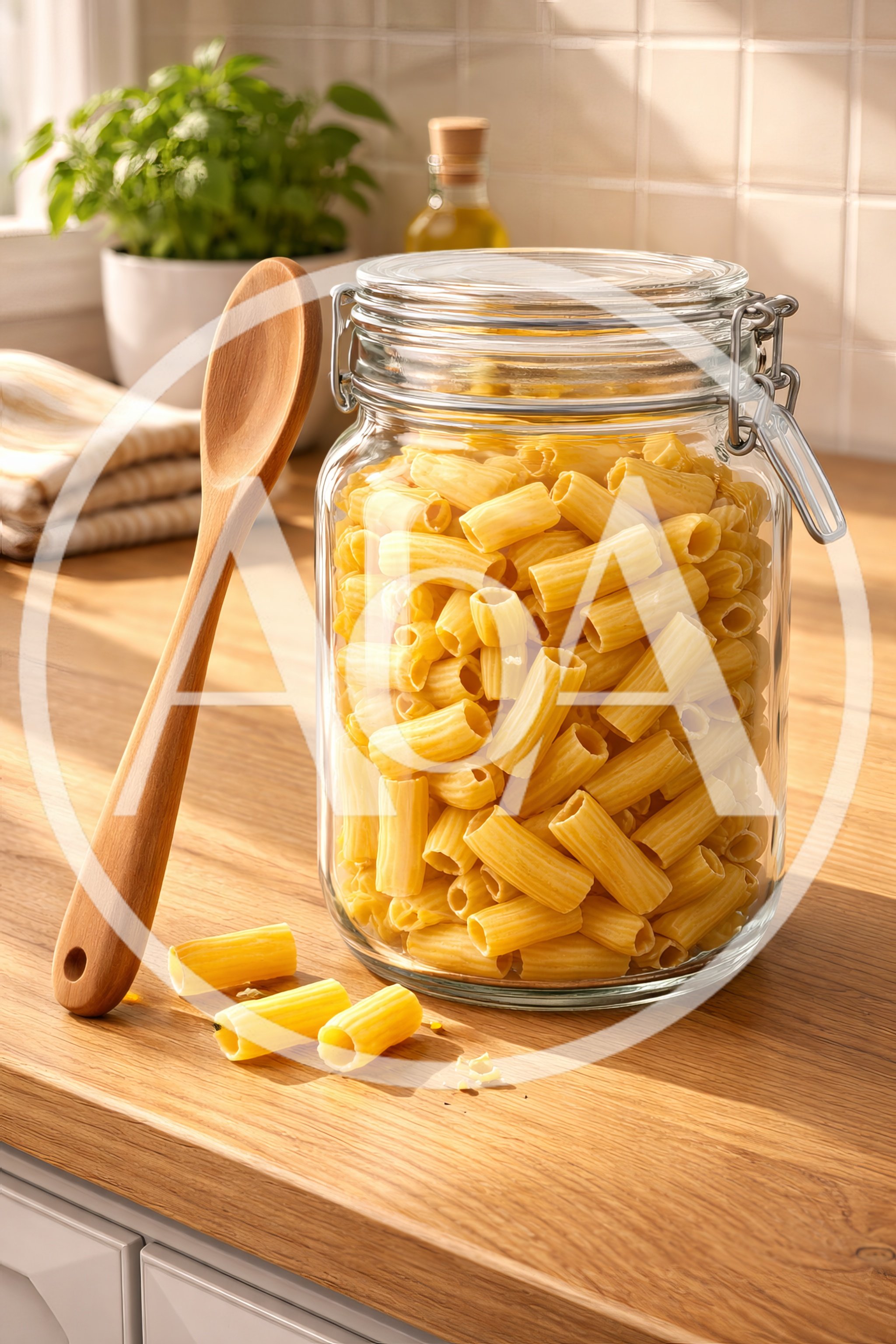 Glass Jar Filled With Rigatoni Pasta On Kitchen Counter