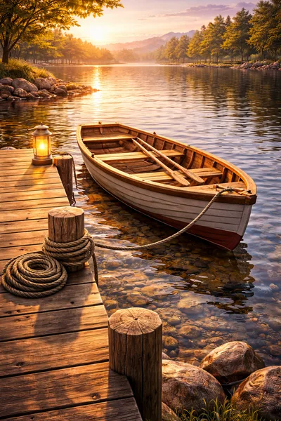 Wooden Rowboat Moored at a Peaceful Lakeside Dock