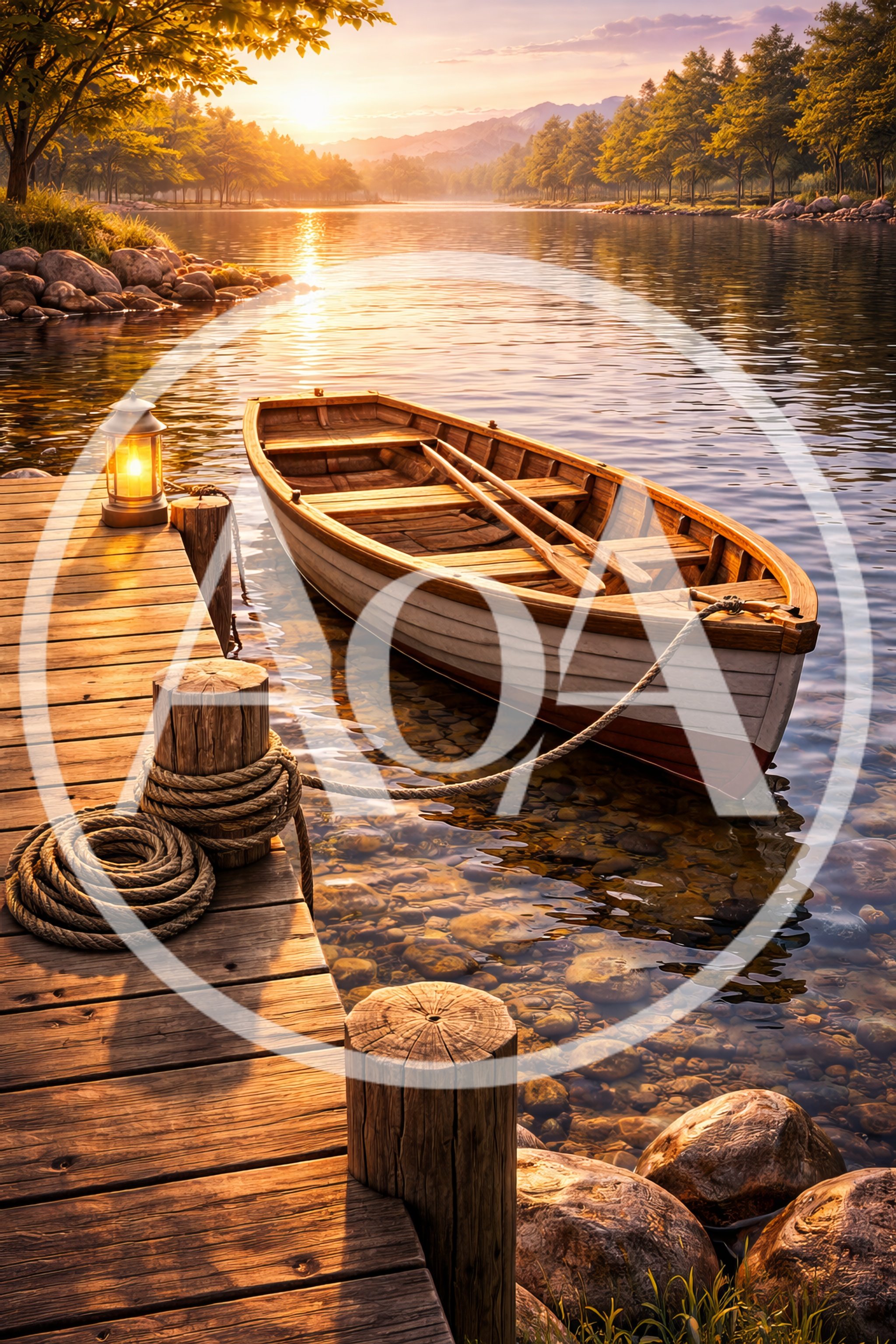 Wooden Rowboat Moored at a Peaceful Lakeside Dock