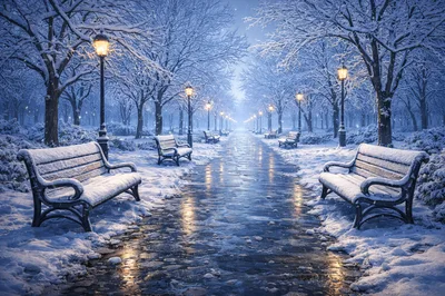 Snow Covered Park Path With Glowing Street Lamps