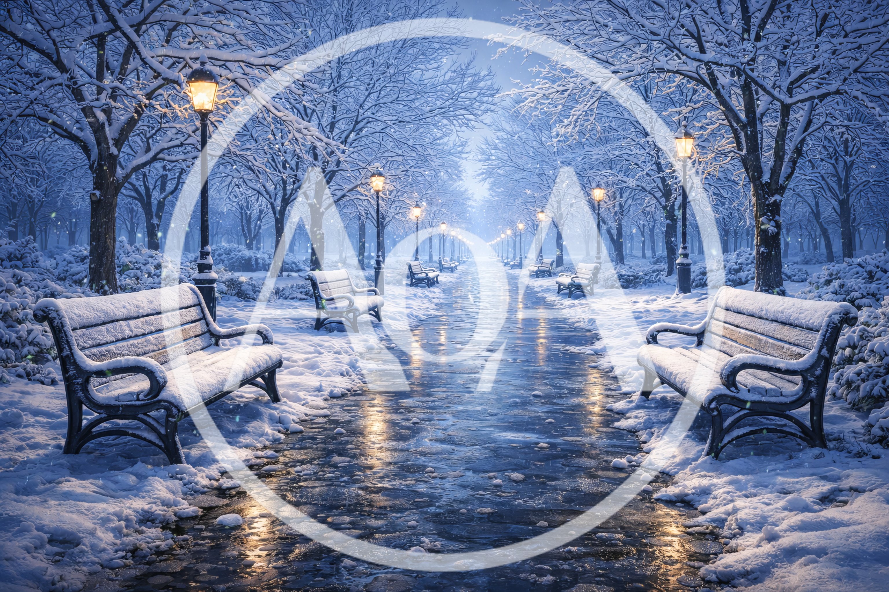 Snow Covered Park Path With Glowing Street Lamps