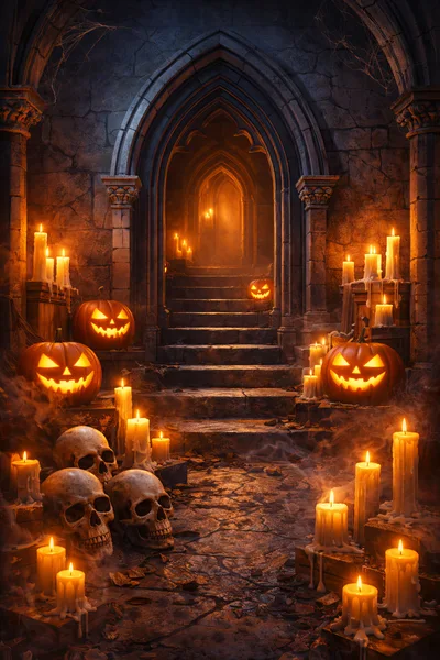 Spooky Halloween Entrance With Jack O Lanterns And Skulls