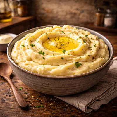Bowl Of Creamy Mashed Potatoes With Melted Butter