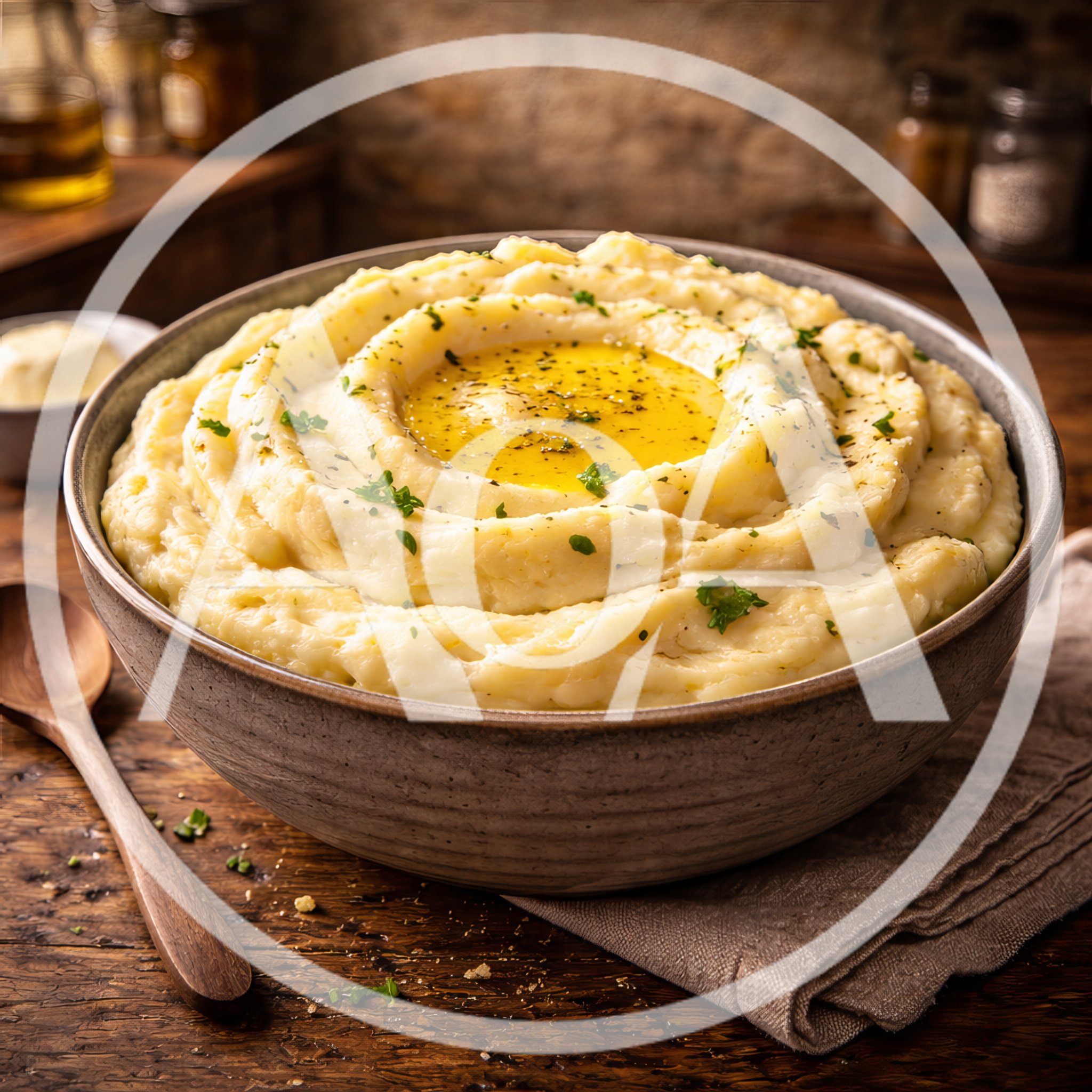 Bowl Of Creamy Mashed Potatoes With Melted Butter