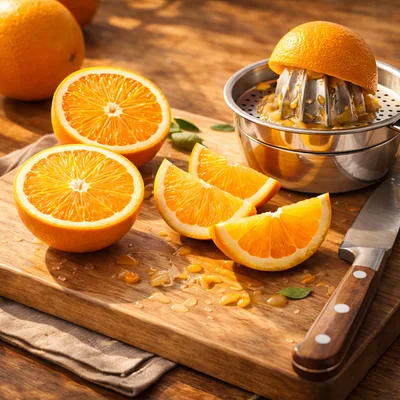 Fresh Oranges Being Prepared For Juicing On Wooden Board