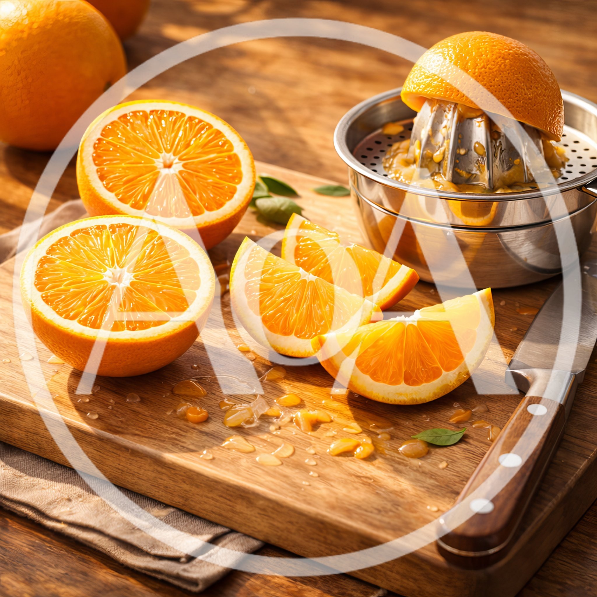Fresh Oranges Being Prepared For Juicing On Wooden Board