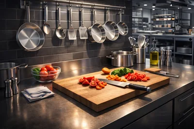 Professional Kitchen Counter With Chopped Vegetables