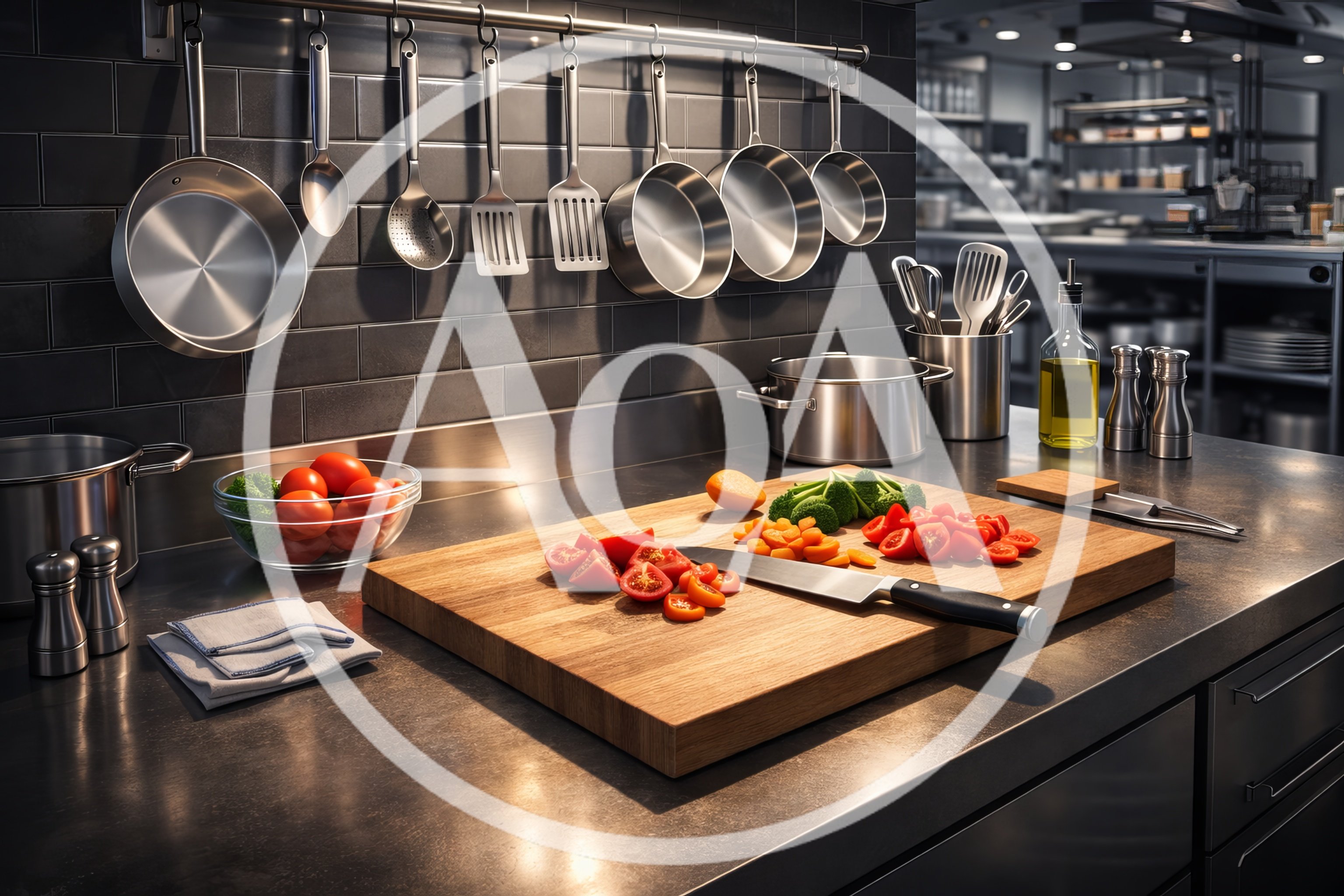 Professional Kitchen Counter With Chopped Vegetables
