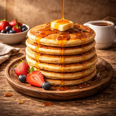Stack of Pancakes with Syrup and Fresh Berries