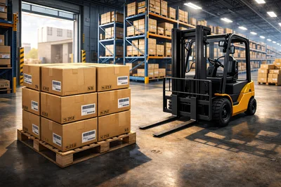 Yellow Forklift Parked Beside Pallet Of Cardboard Boxes