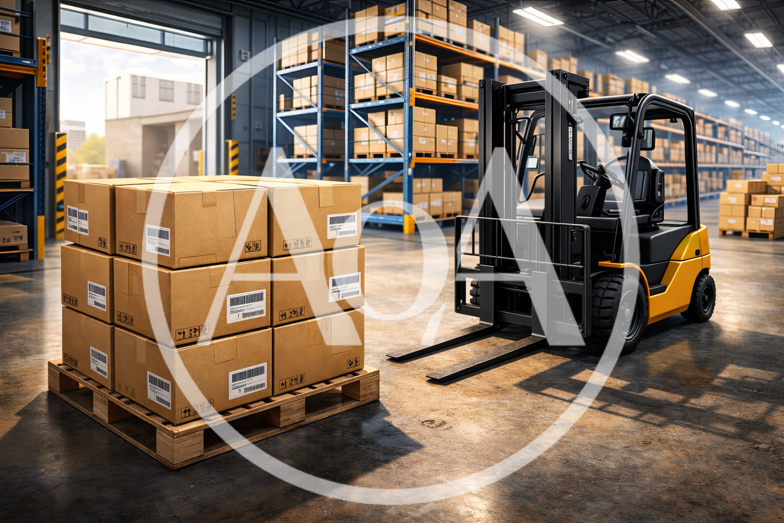 Yellow Forklift Parked Beside Pallet Of Cardboard Boxes