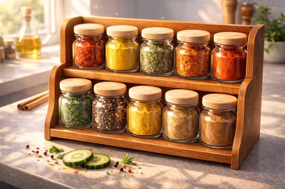 Wooden Spice Rack With Glass Jars On Kitchen Counter