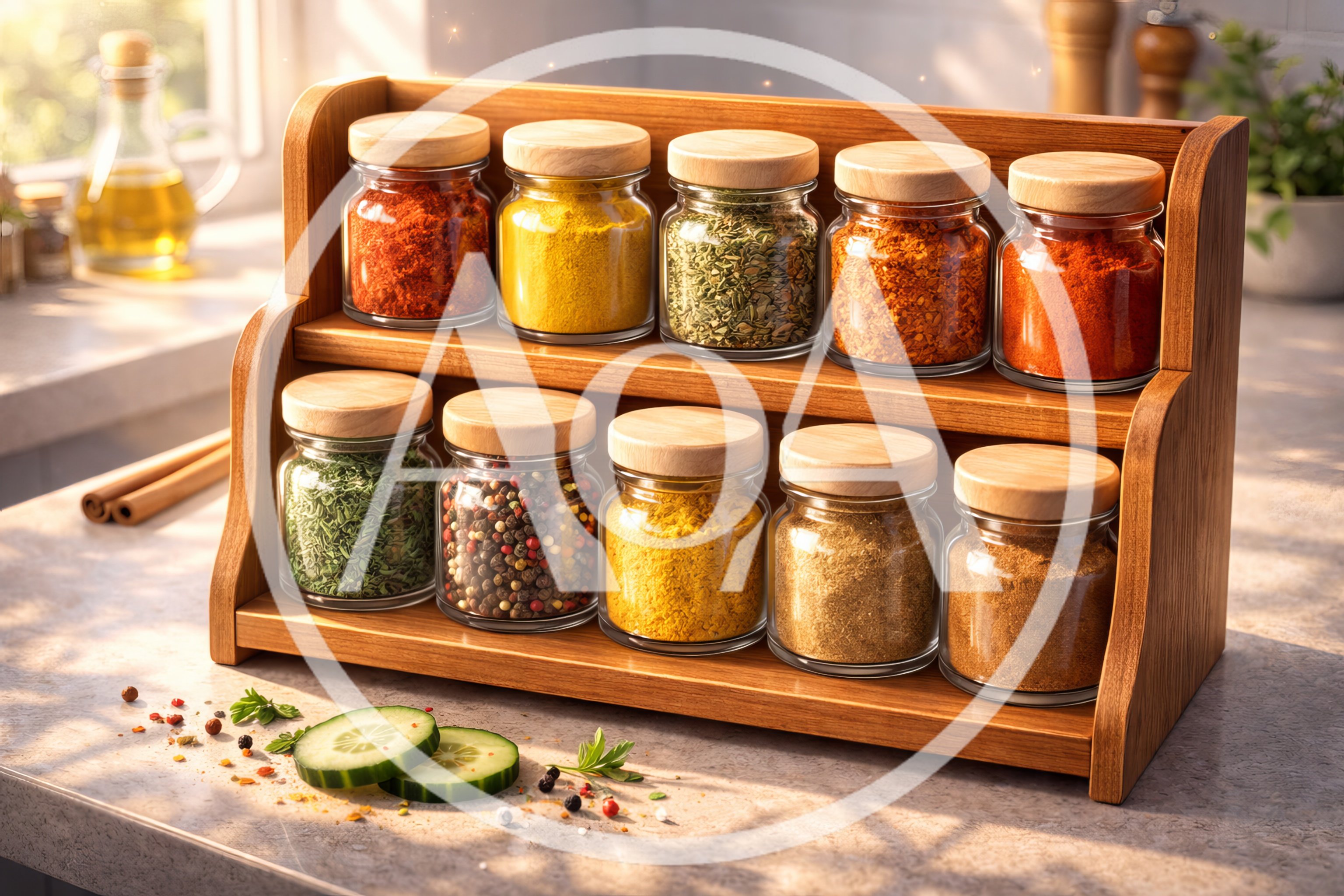 Wooden Spice Rack With Glass Jars On Kitchen Counter