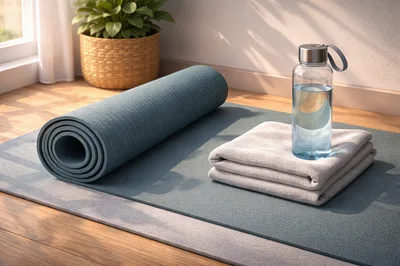 Yoga Mat and Water Bottle on Wooden Floor
