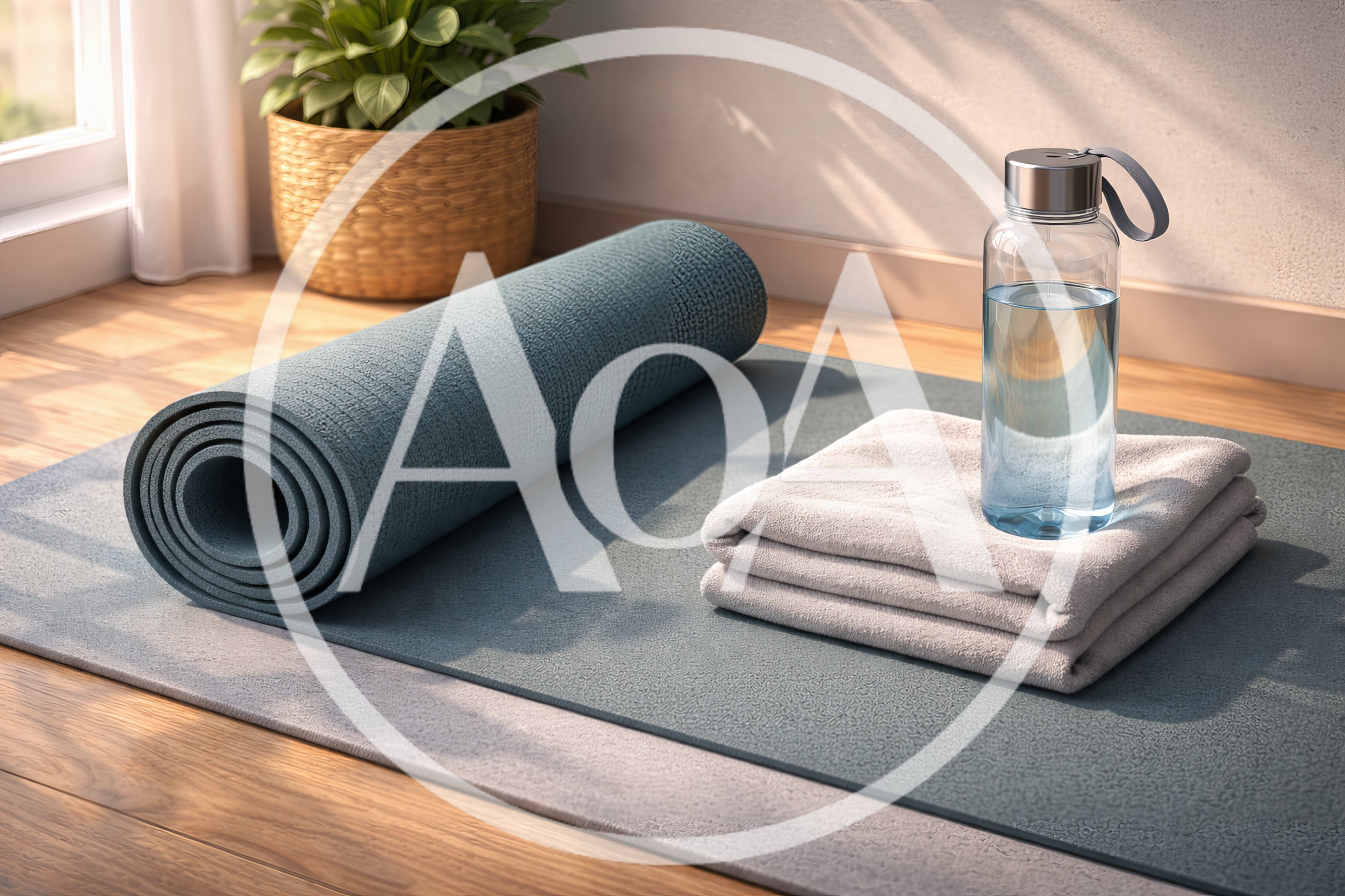 Yoga Mat and Water Bottle on Wooden Floor