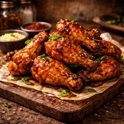 Glazed Chicken Drumsticks on a Rustic Wooden Board