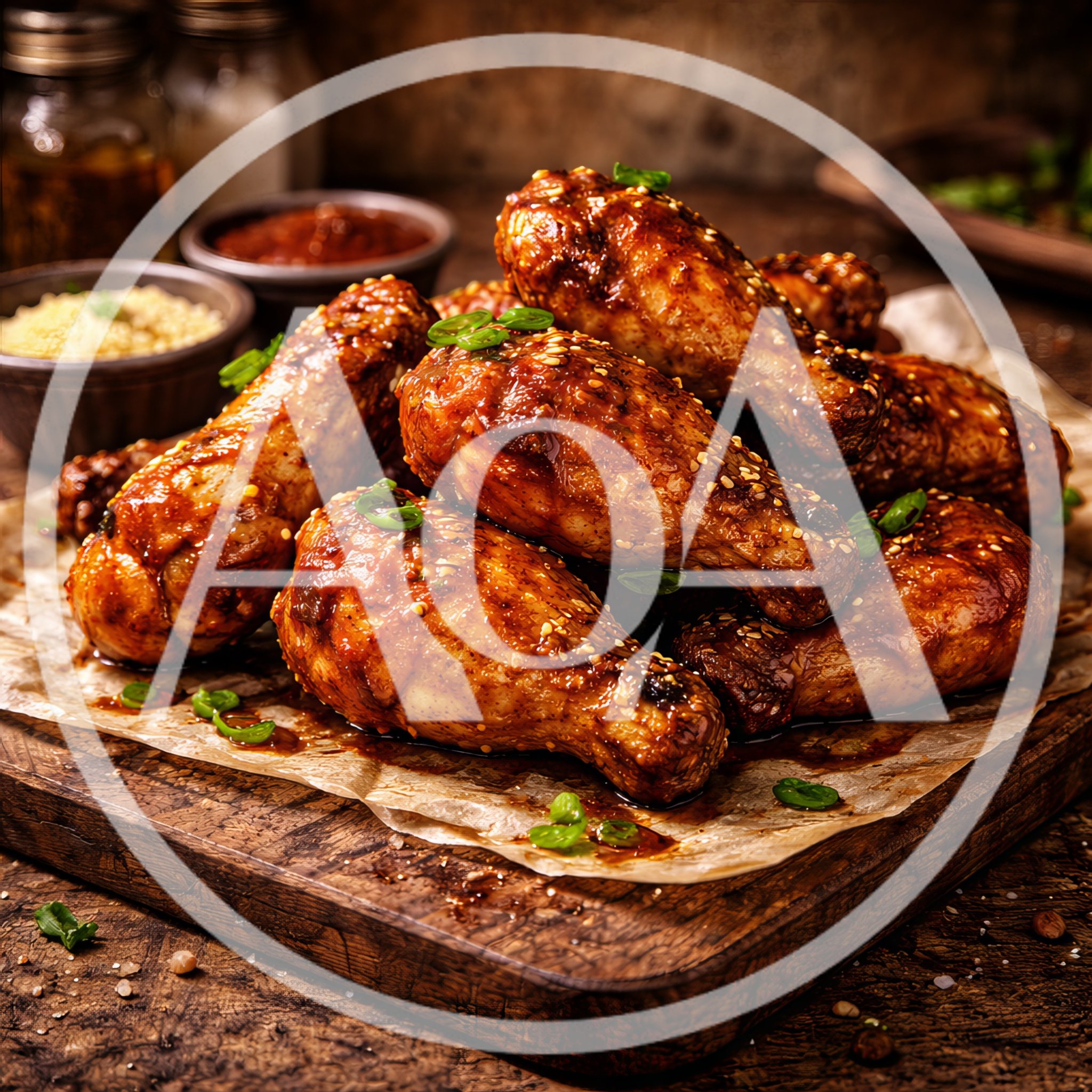 Glazed Chicken Drumsticks on a Rustic Wooden Board