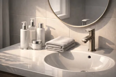 Bathroom Vanity With Skincare Products And Towel