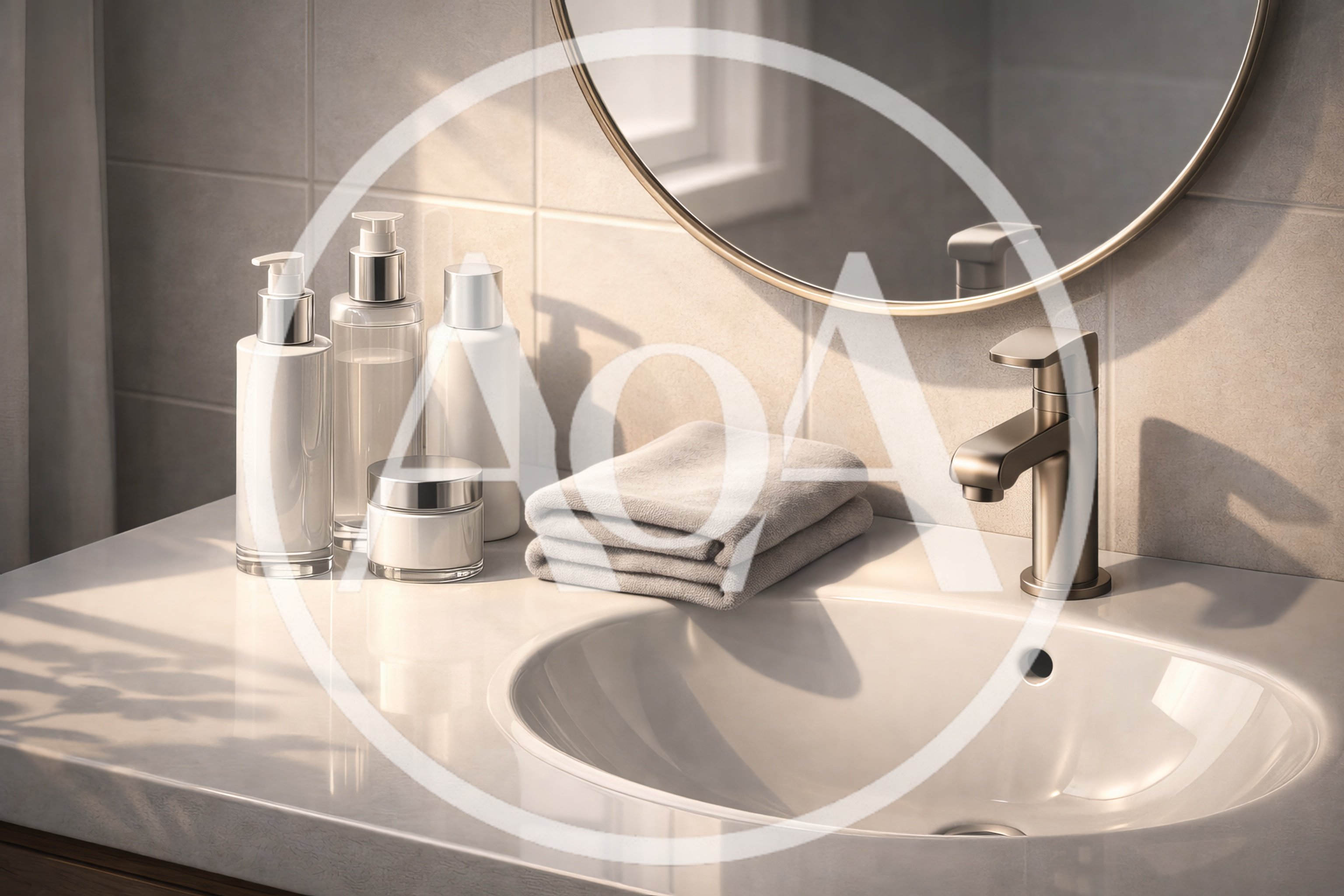 Bathroom Vanity With Skincare Products And Towel