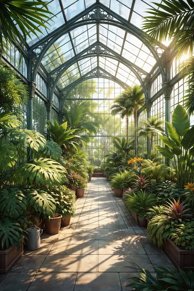 Sunlit Victorian Greenhouse Filled With Lush Tropical Plants