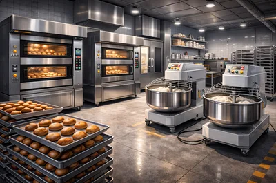 Professional Industrial Bakery Kitchen With Ovens And Mixers