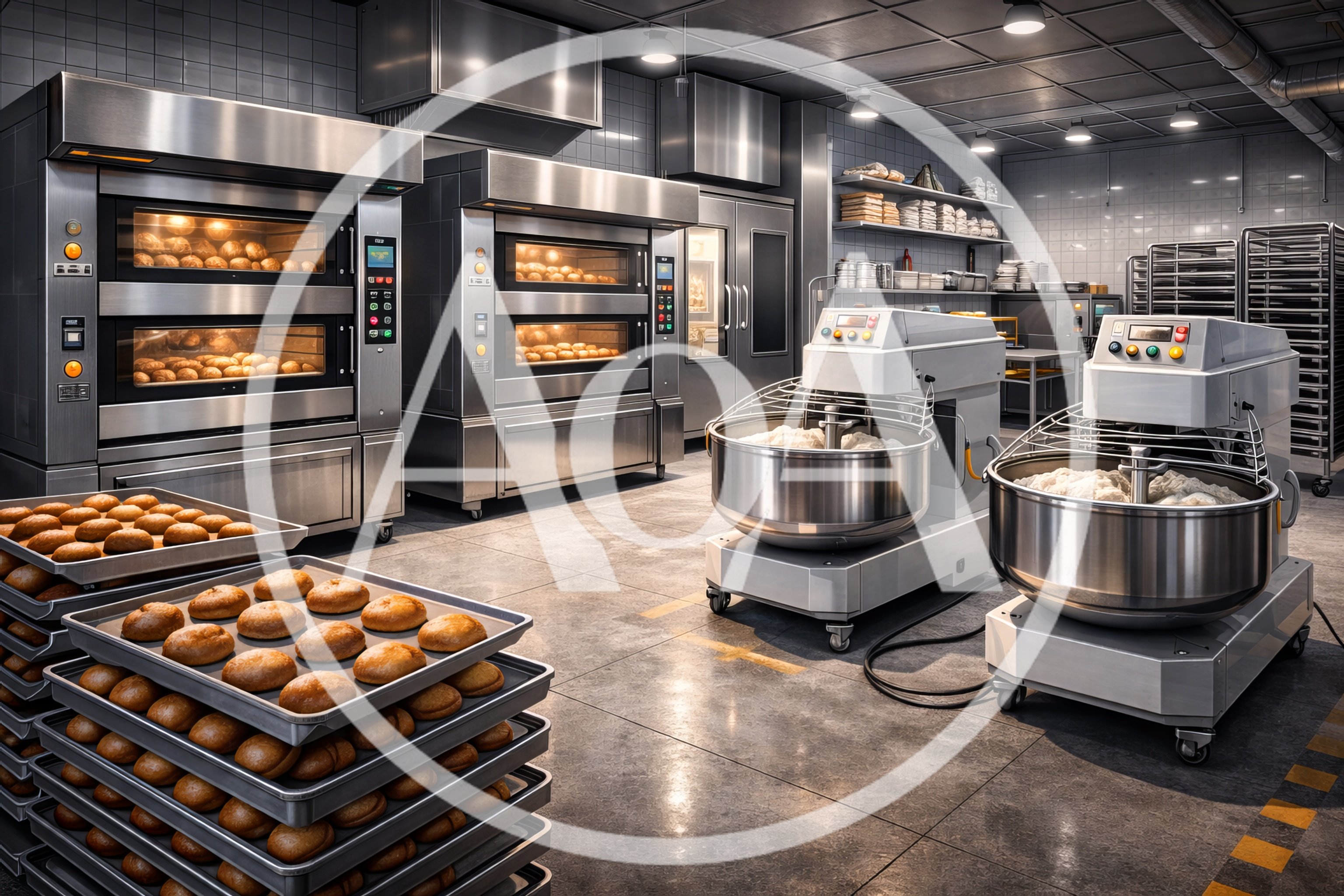 Professional Industrial Bakery Kitchen With Ovens And Mixers