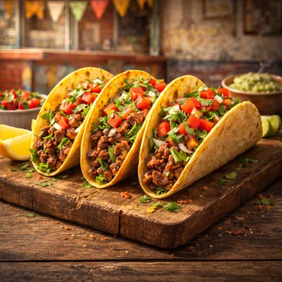 Three Delicious Beef Tacos On A Wooden Board