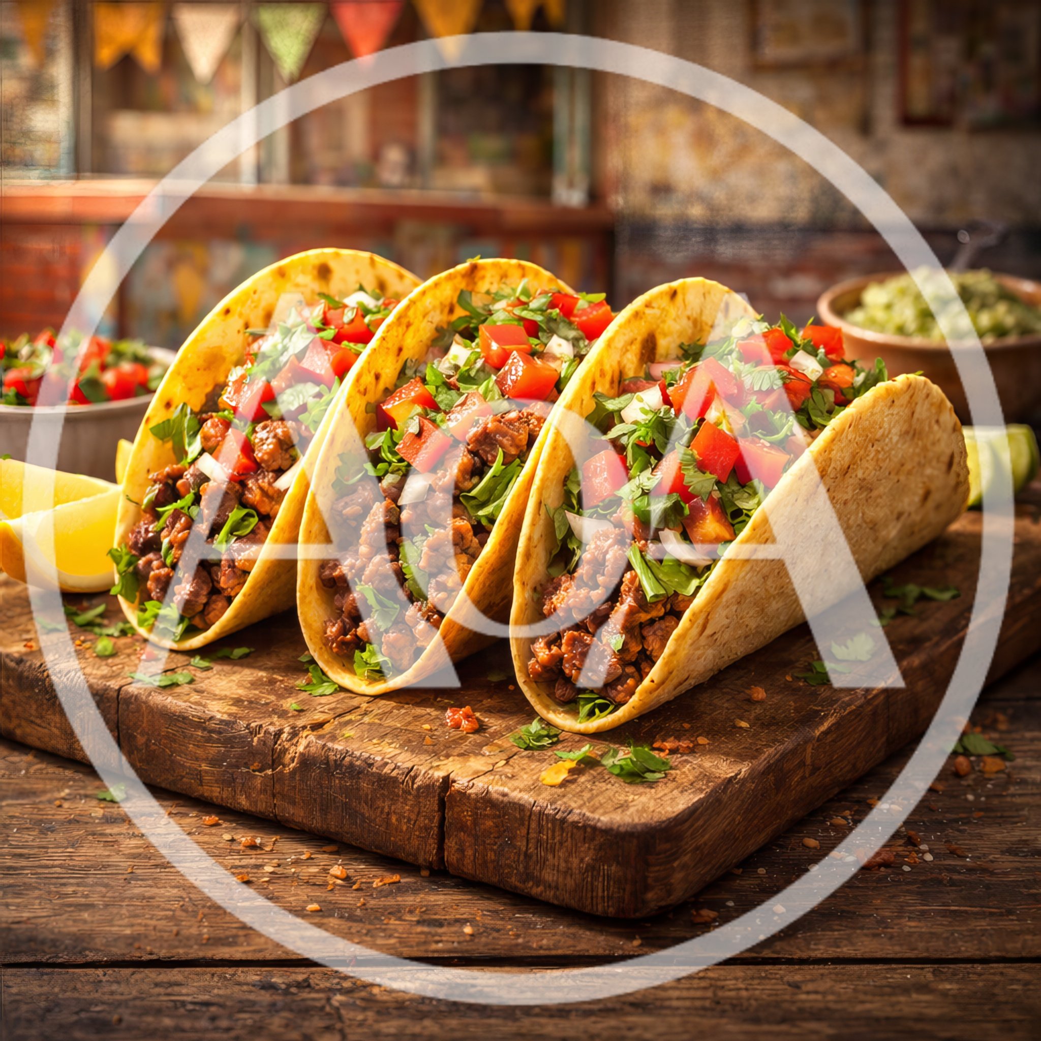 Three Delicious Beef Tacos On A Wooden Board