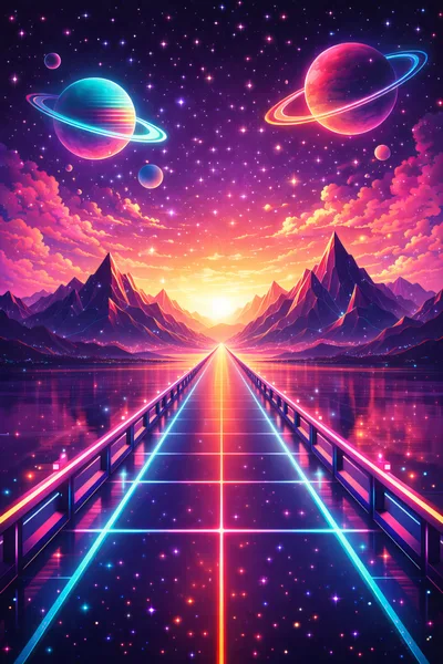 Futuristic Neon Bridge Leading Toward A Glowing Mountain Horizon