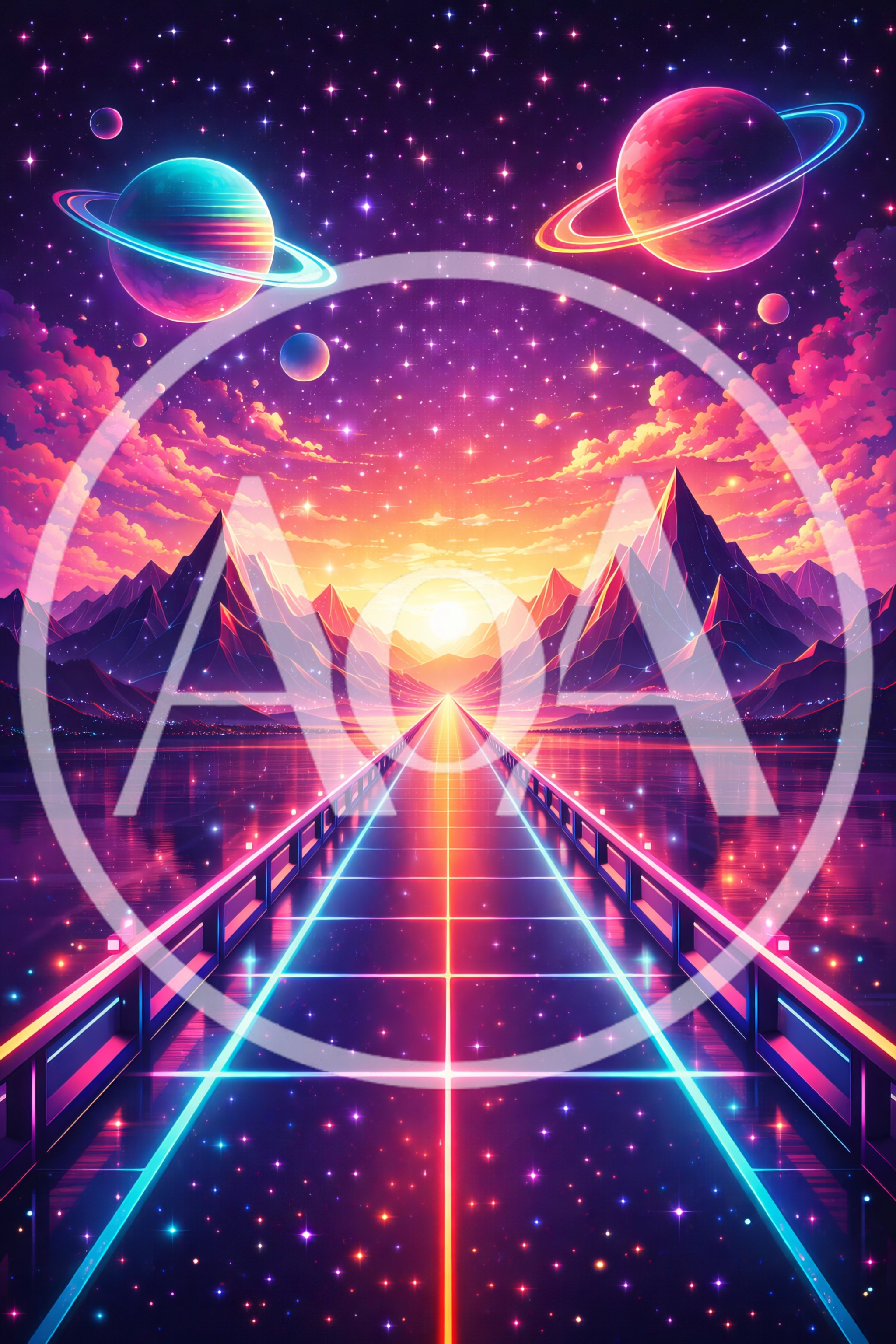 Futuristic Neon Bridge Leading Toward A Glowing Mountain Horizon