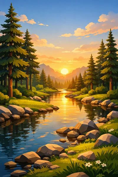 Serene Mountain River Landscape At Sunset